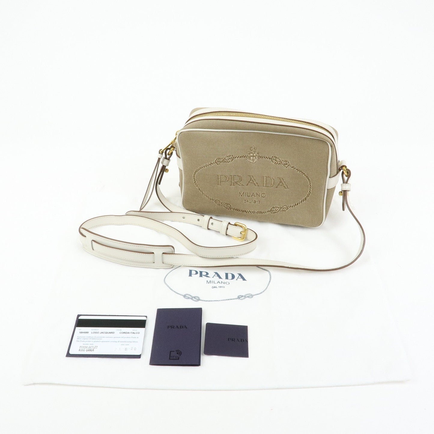 Prada Logo Jacquard Leather Shoulder Bag Beige White 1BH089【Pre-order】