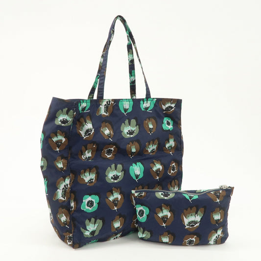 Prada Triangle Logo Nylon Tote Bag w/Pouch Flower Print Navy B4626B Used【Pre-order】