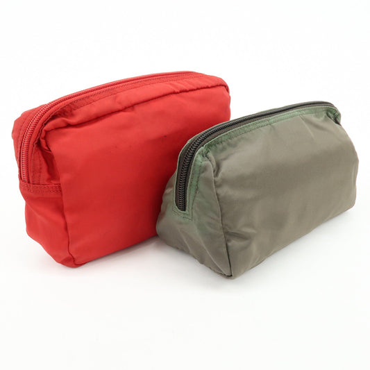 Prada Triangle Logo Set of 2 Nylon Pouch Cosmetic Pouch Red Khaki【Pre-order】
