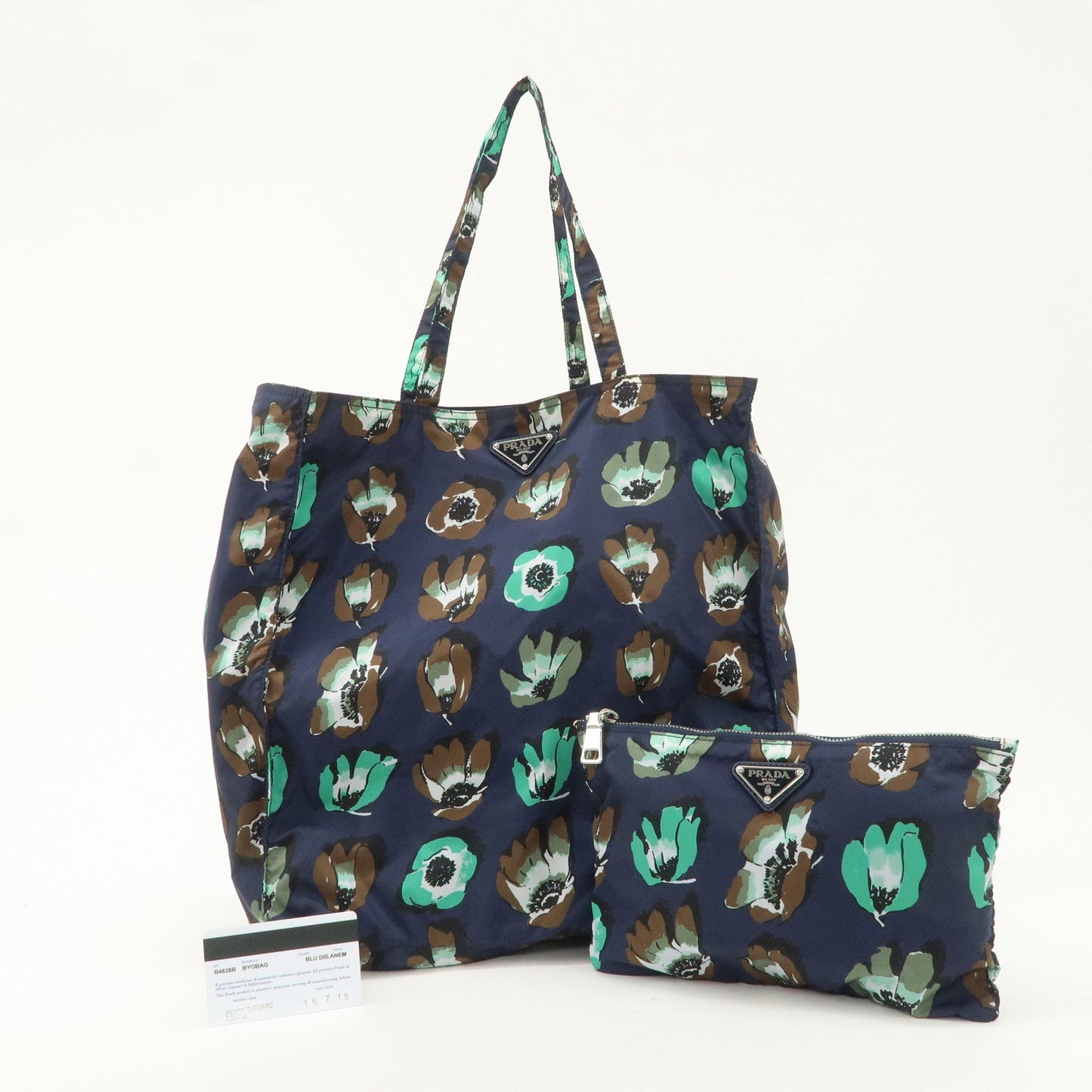Prada Triangle Logo Nylon Tote Bag w/Pouch Flower Print Navy B4626B Used【Pre-order】