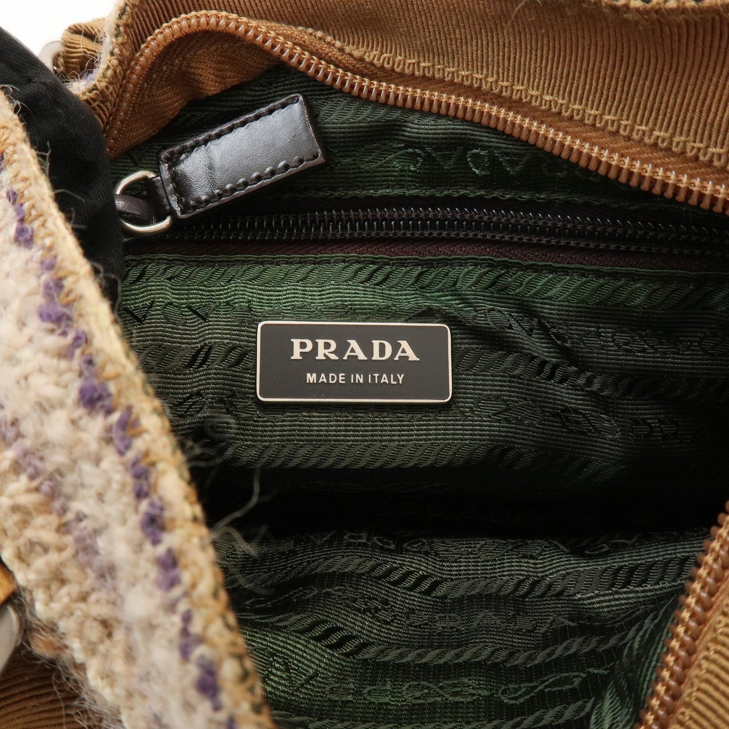Prada Triangle Logo Tweed Leather Hand Bag Light Brown Multicolor【Pre-order】