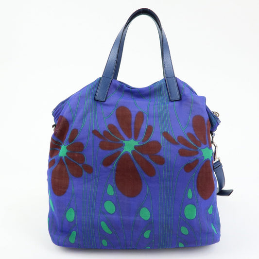 Prada Triangle Logo Linen Leather 2Way Bag Flower Motif Blue BR4696【Pre-order】
