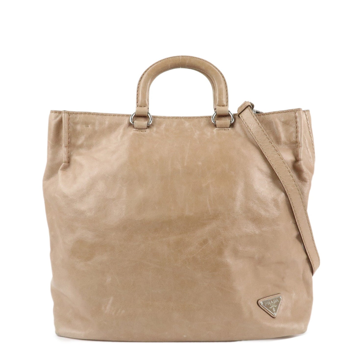 Prada Logo Leather 2Way Bag Tote Bag Shoulder Bag Beige BR4617 Used【Pre-order】