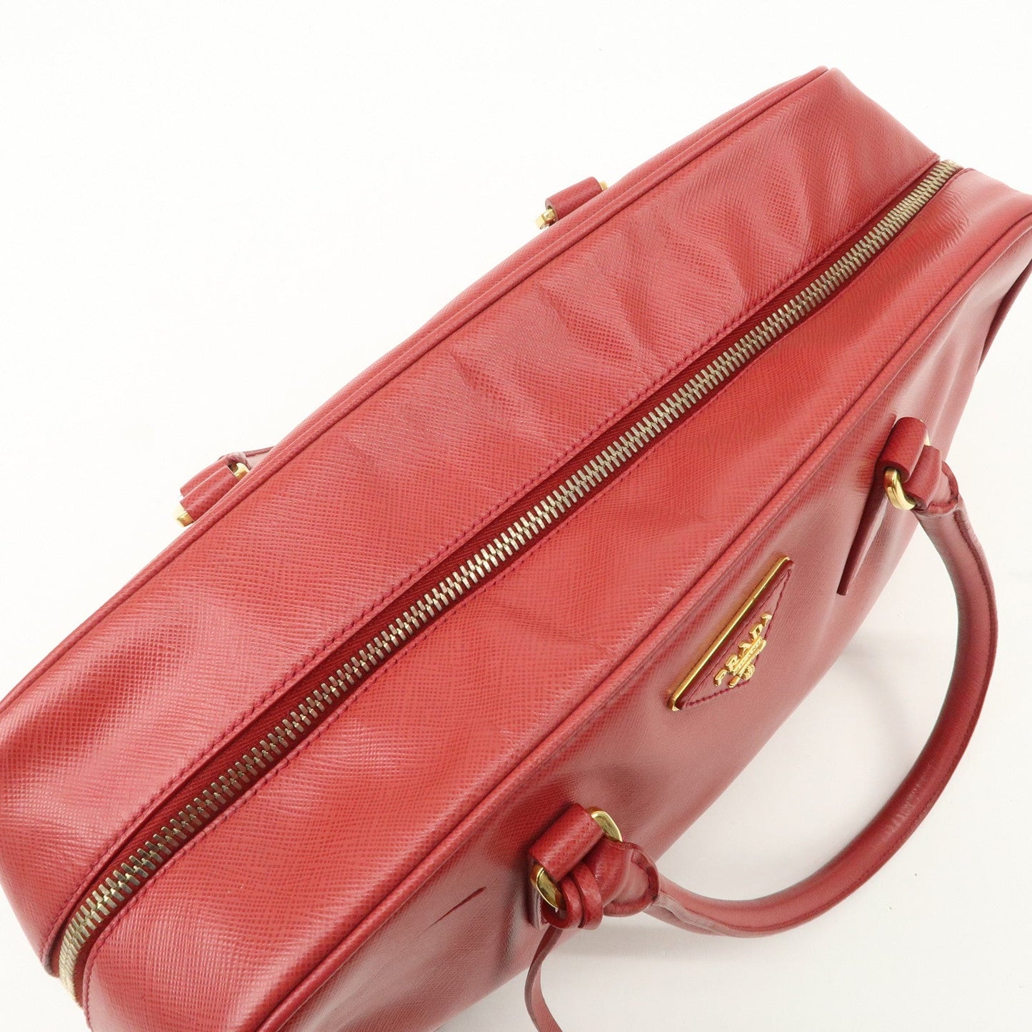 Prada Triangle Logo Saffiano Leather Boston Bag Hand Bag Red BL0095 Used【Pre-order】