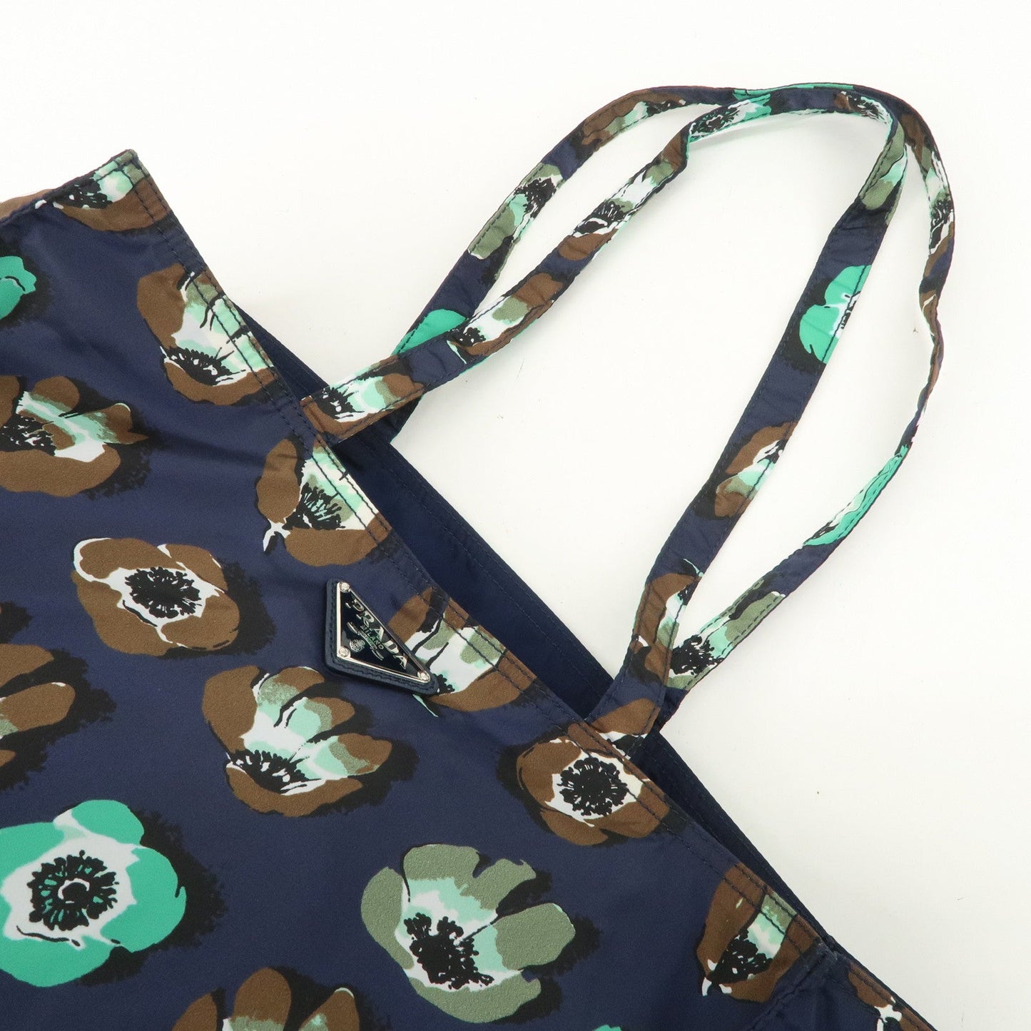 Prada Triangle Logo Nylon Tote Bag w/Pouch Flower Print Navy B4626B Used【Pre-order】
