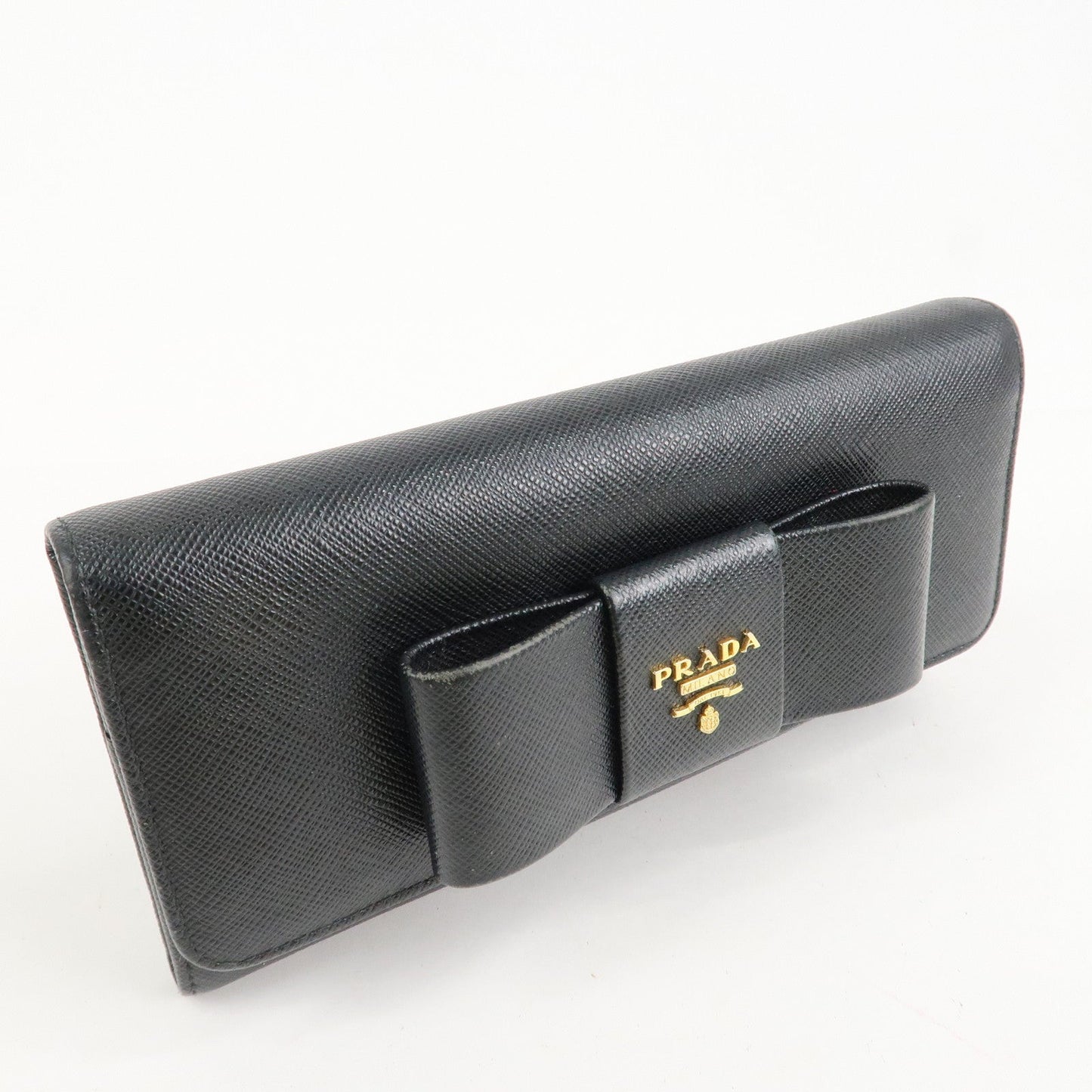 Prada Saffiano Leather Flap Bi-Fold Long Wallet Black Gold 1MH132 Used【Pre-order】