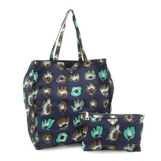 Prada Triangle Logo Nylon Tote Bag w/Pouch Flower Print Navy B4626B Used【Pre-order】