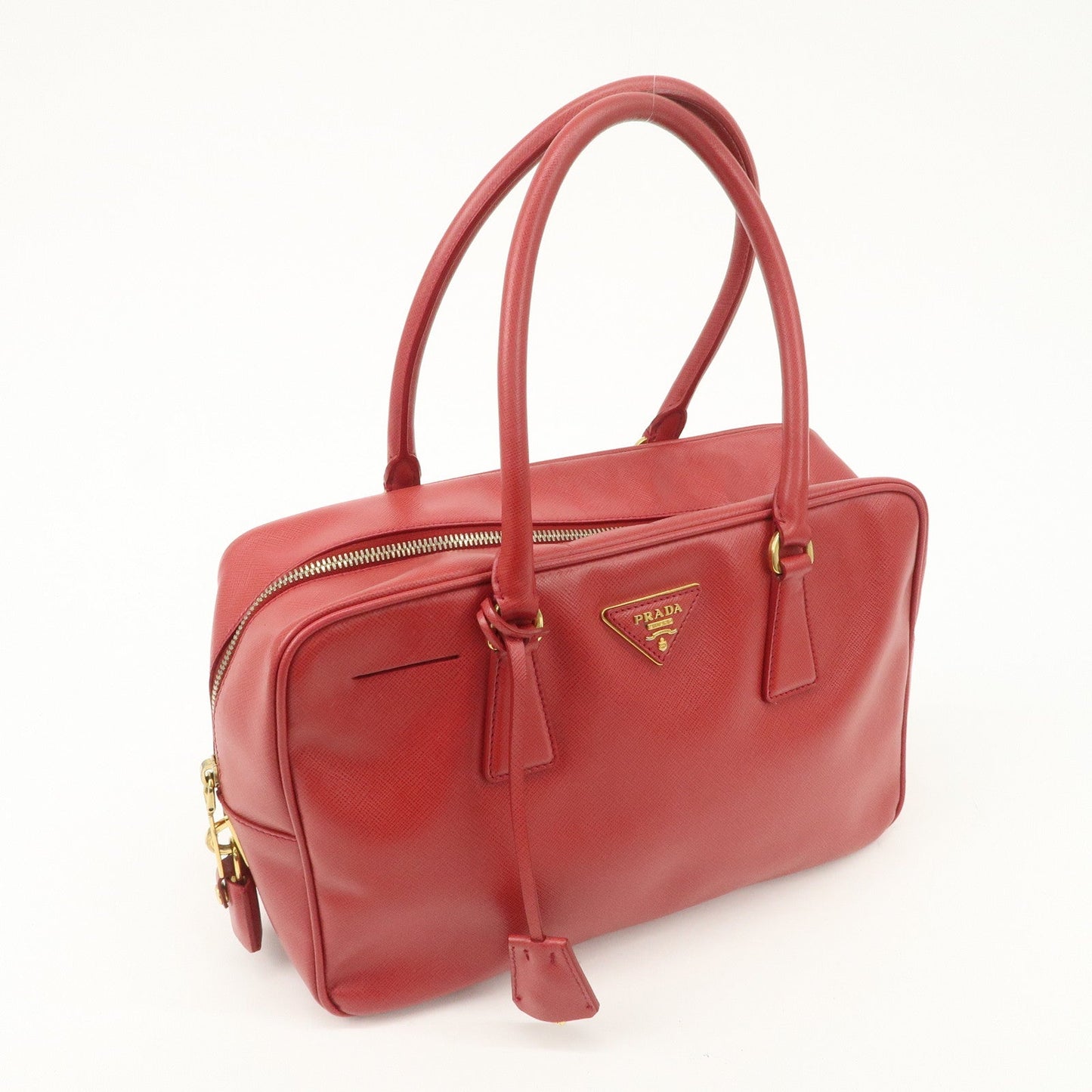 Prada Triangle Logo Saffiano Leather Boston Bag Hand Bag Red BL0095 Used【Pre-order】