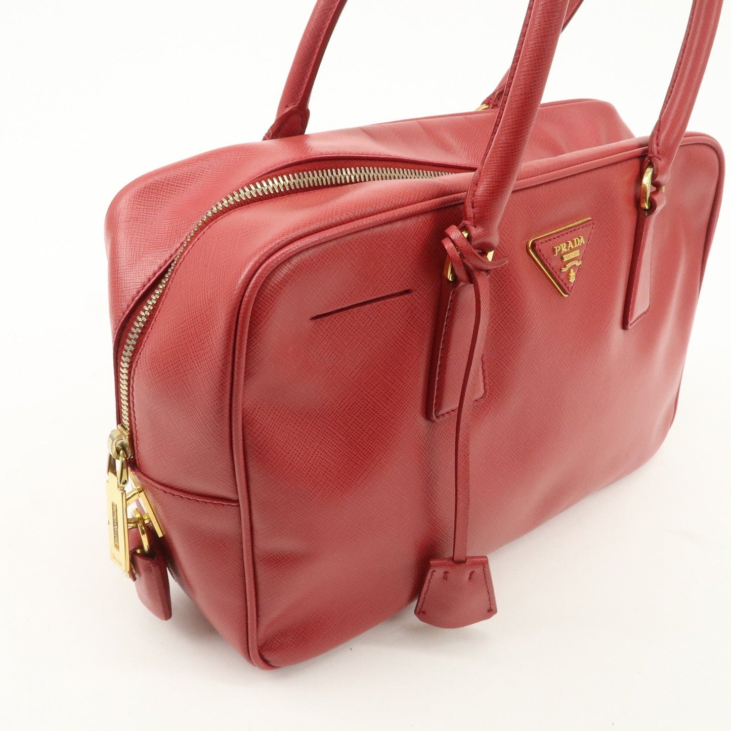 Prada Triangle Logo Saffiano Leather Boston Bag Hand Bag Red BL0095 Used【Pre-order】