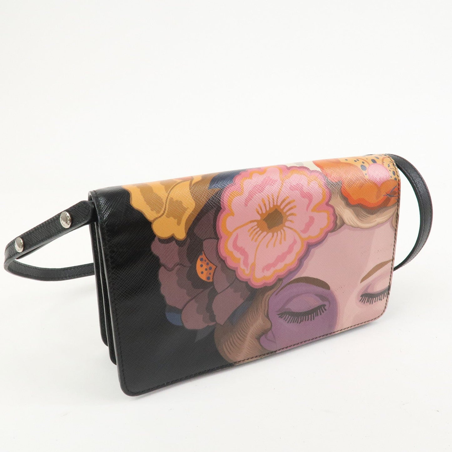 Prada Flower Print Saffiano Leather Shoulder Bag Hand Bag Black【Pre-order】
