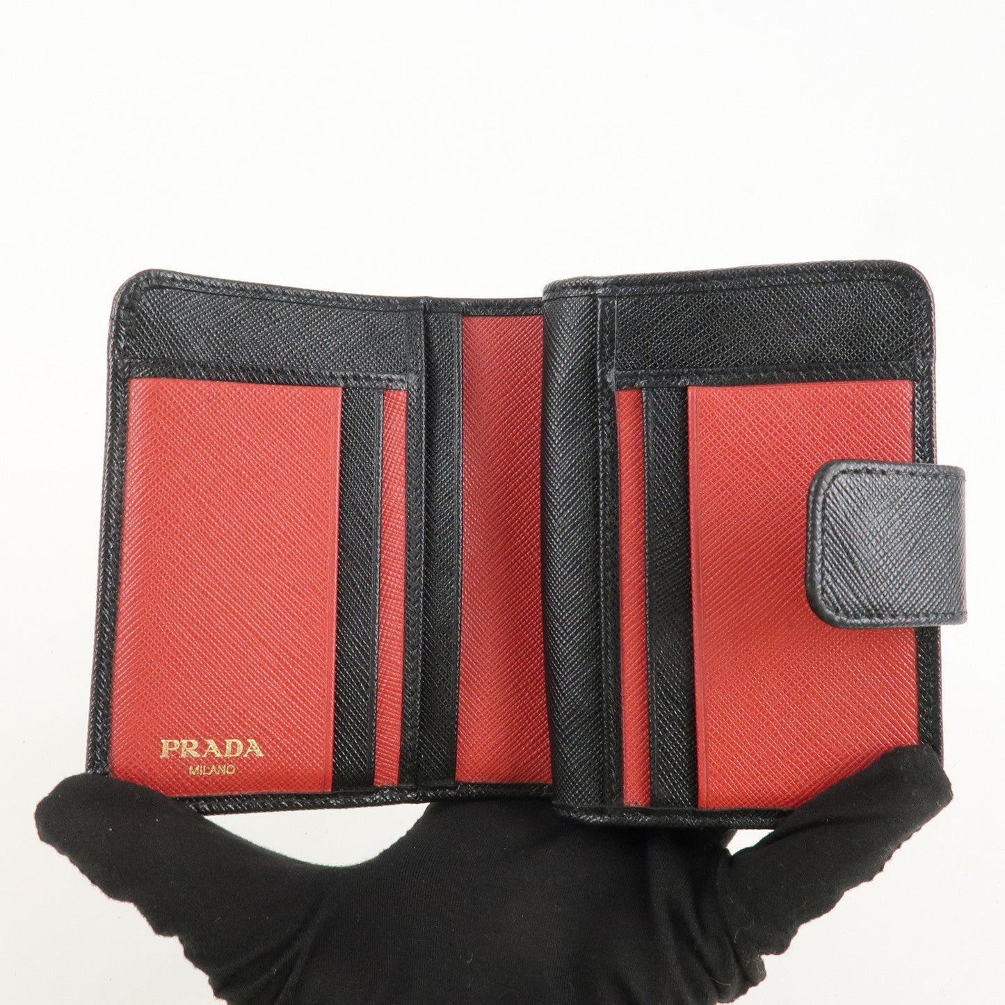Prada Saffiano Leather Bi-Fold Wallet Black Red Gold 1ML018 Used【Pre-order】