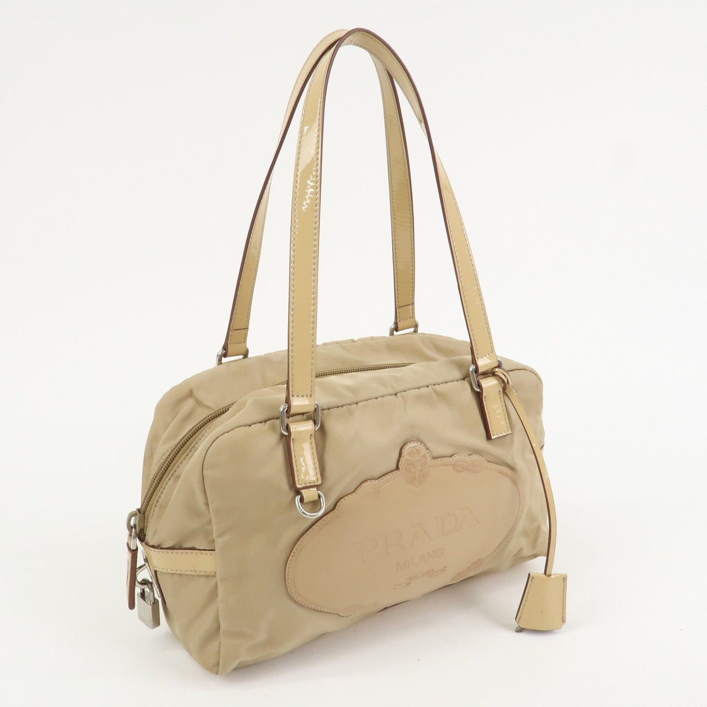 Prada Logo Nylon Patent Leather Mini Boston Bag Beige BR3150【Pre-order】