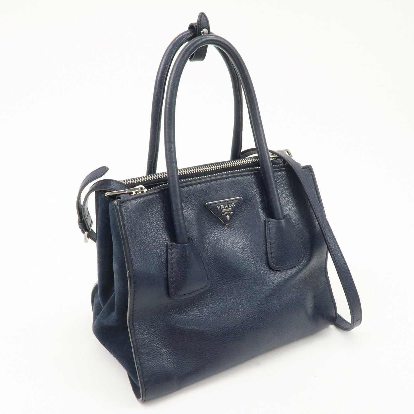 Prada Triangle Logo Leather 2Way Bag Tote Bag Hand Bag Navy B2625M【Pre-order】