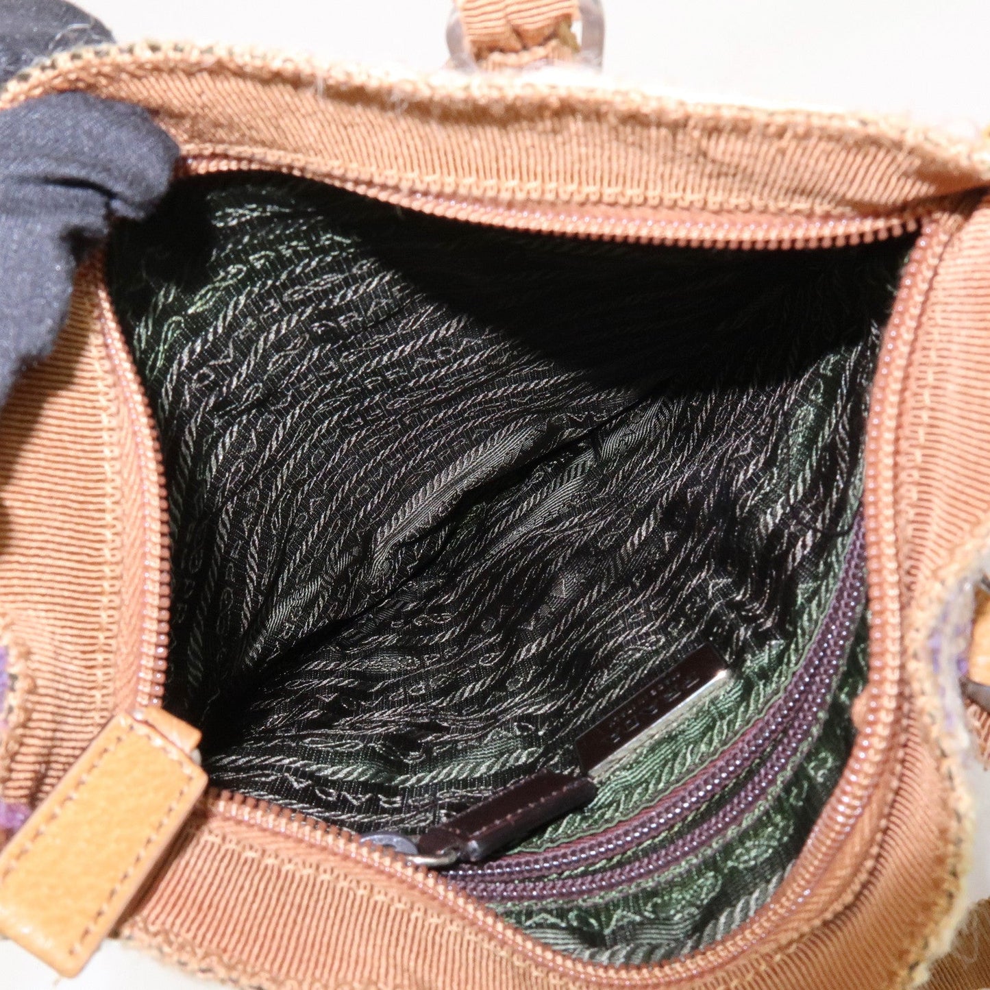 Prada Triangle Logo Tweed Leather Hand Bag Light Brown Multicolor【Pre-order】