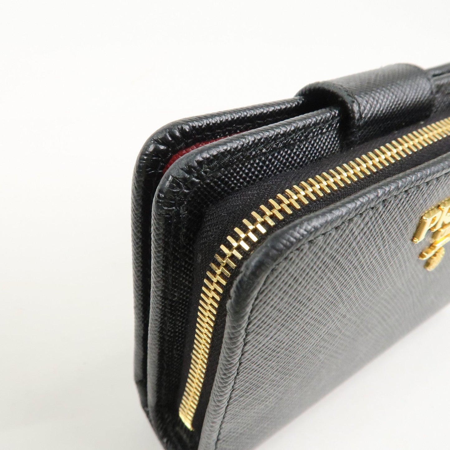 Prada Saffiano Leather Bi-Fold Wallet Black Red Gold 1ML018 Used【Pre-order】