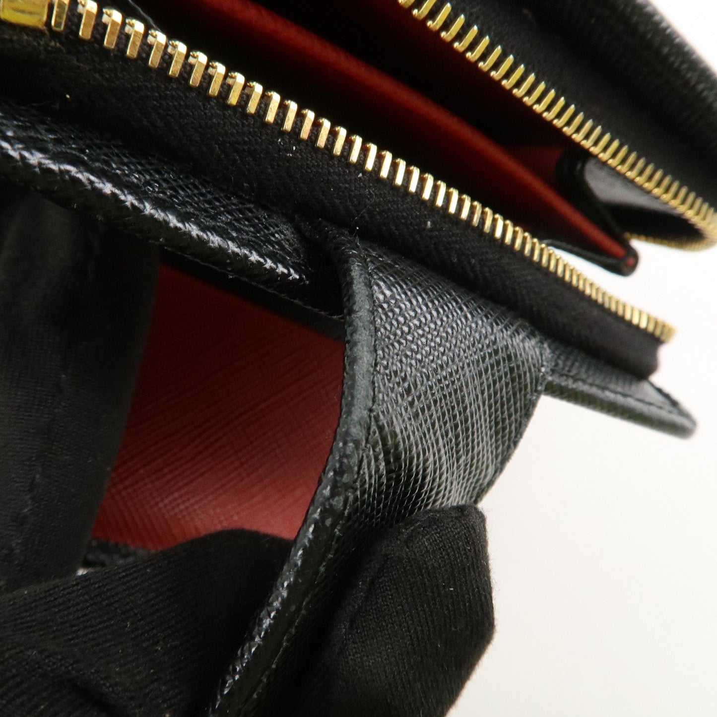 Prada Saffiano Leather Bi-Fold Wallet Black Red Gold 1ML018 Used【Pre-order】