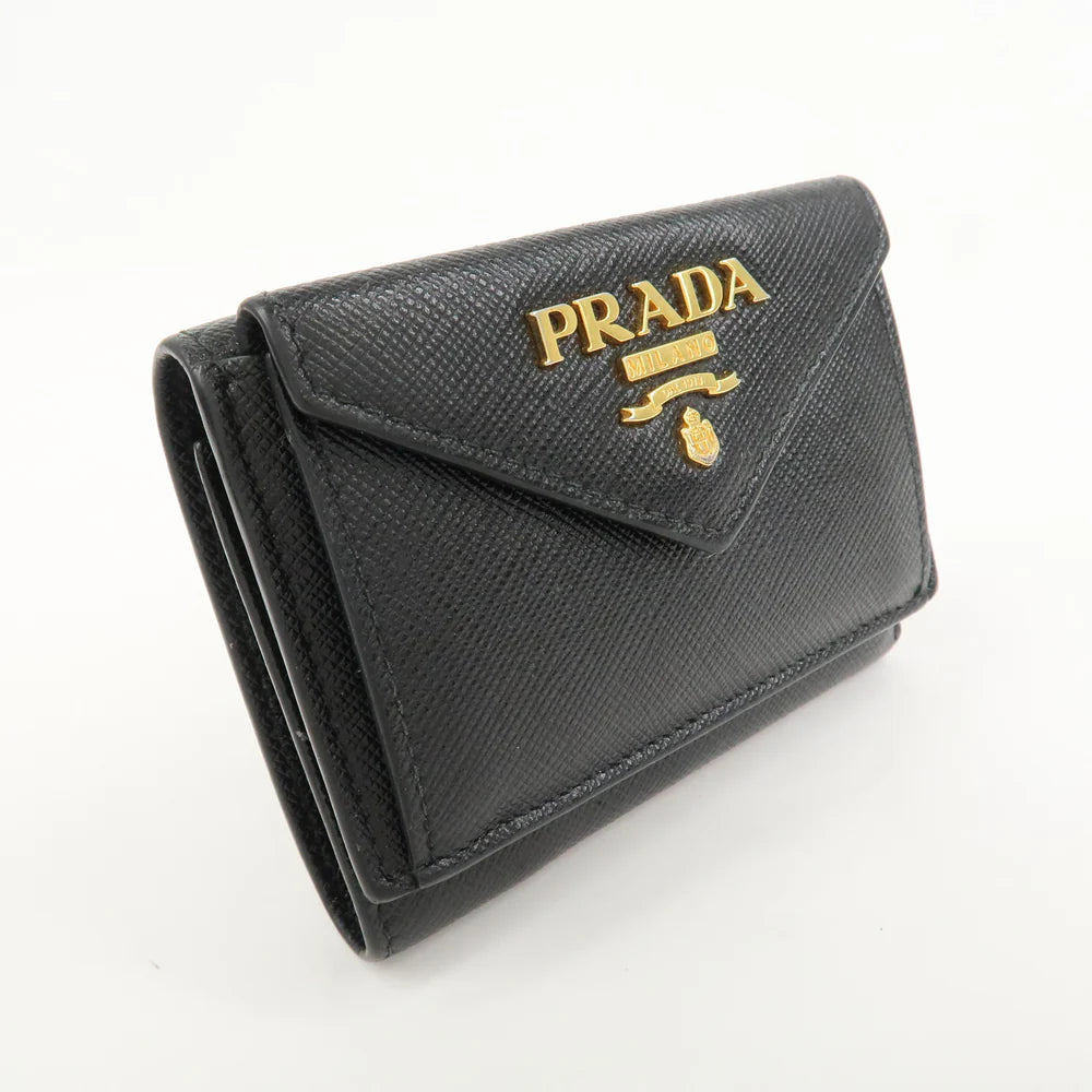 Prada Logo Saffiano Metal Tri-fold Small Wallet Black【Pre-order】