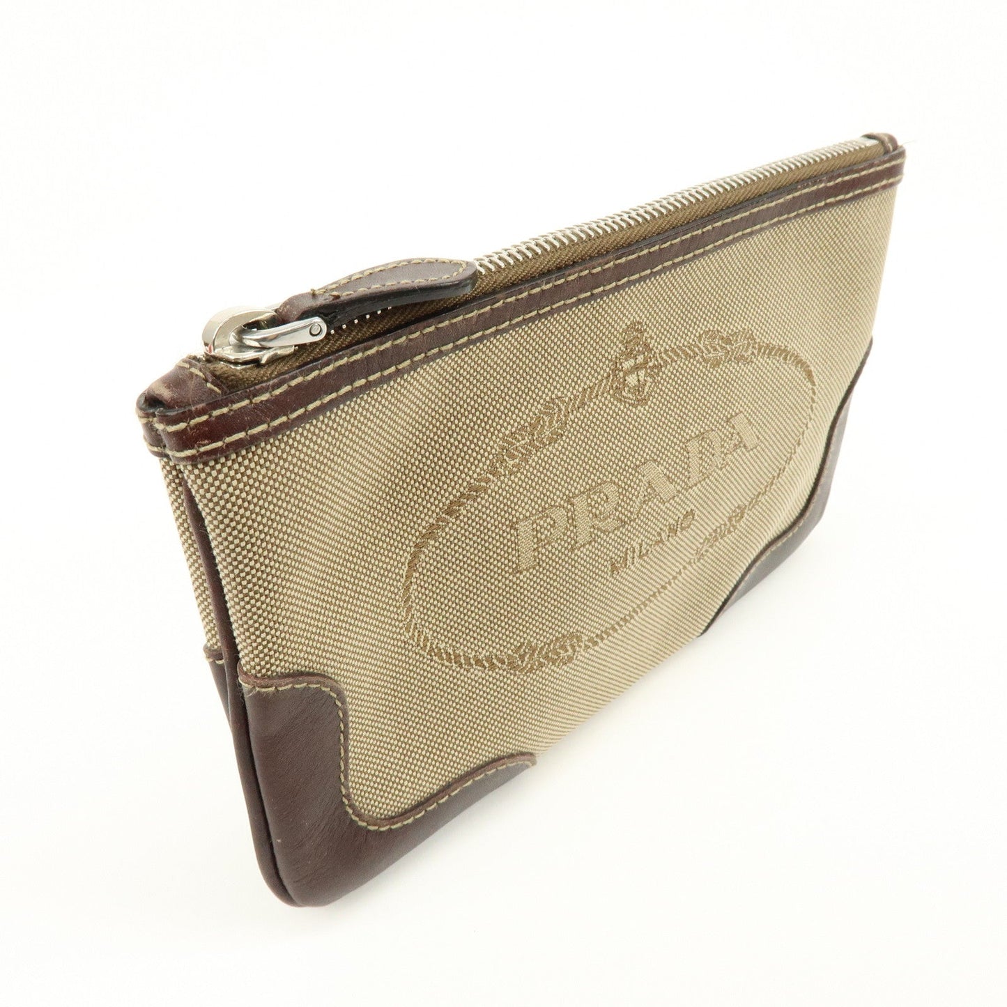 Prada Logo Jacquard Leather Pouch Cosmetic Case Beige Brown【Pre-order】