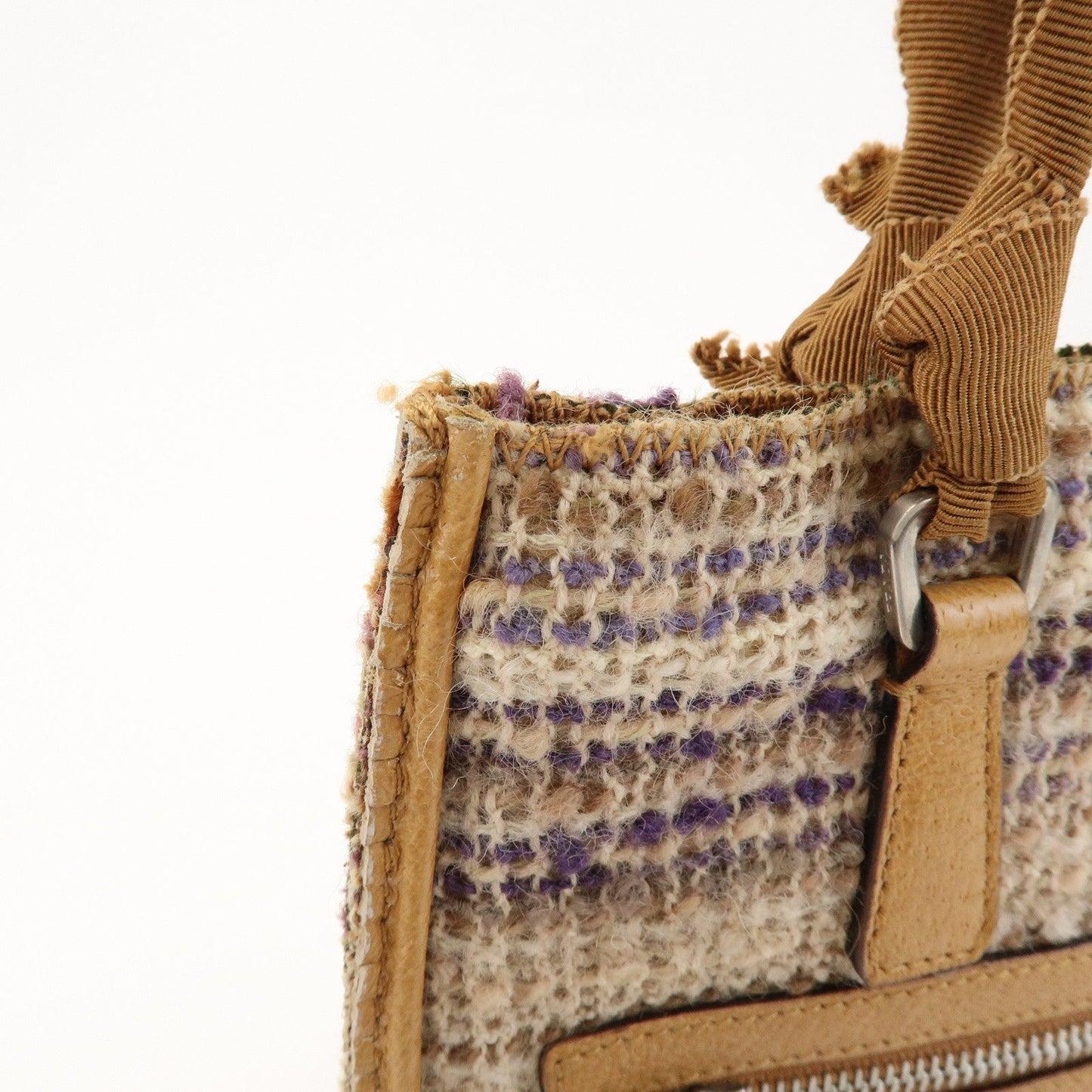 Prada Triangle Logo Tweed Leather Hand Bag Light Brown Multicolor【Pre-order】