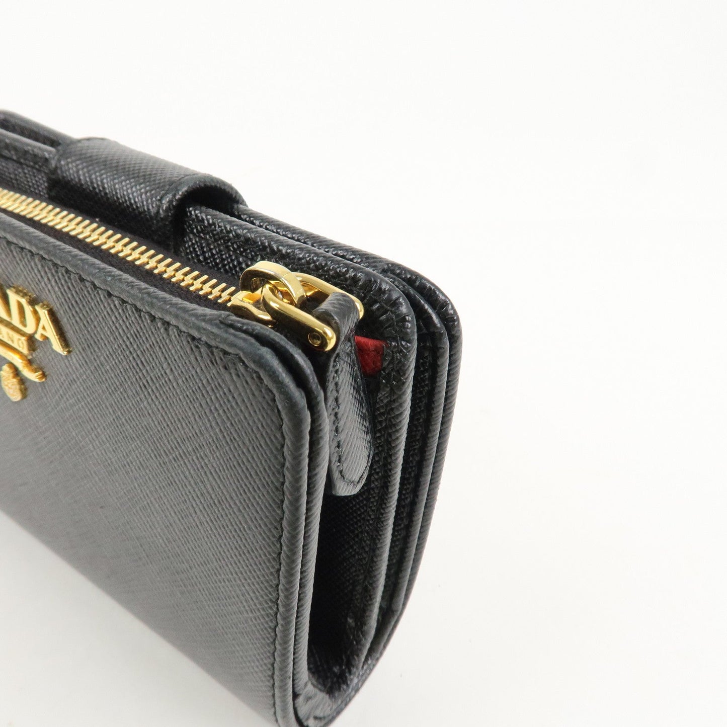 Prada Saffiano Leather Bi-Fold Wallet Black Red Gold 1ML018 Used【Pre-order】