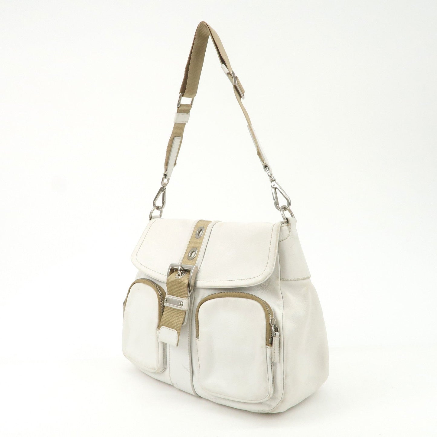 Prada Triangle Logo Leather Nylon Shoulder Bag White Beige【Pre-order】