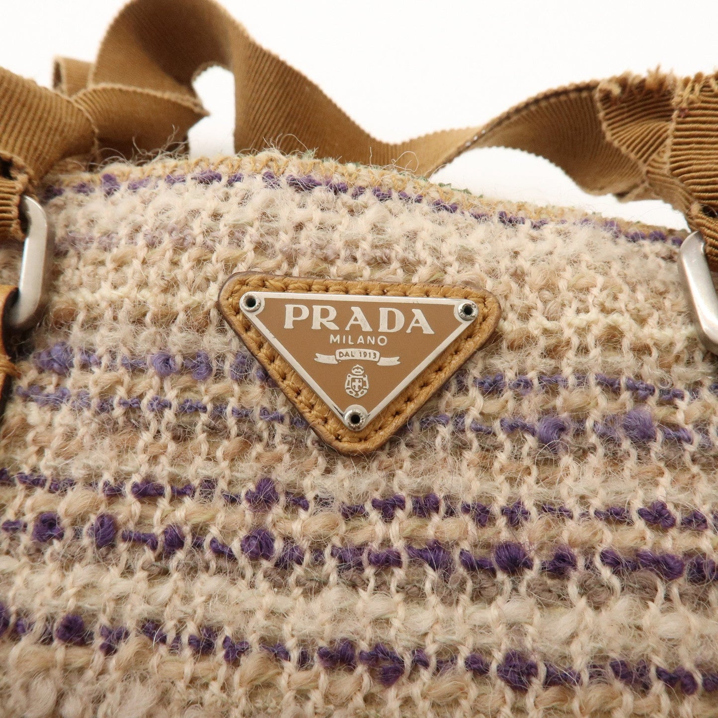Prada Triangle Logo Tweed Leather Hand Bag Light Brown Multicolor【Pre-order】