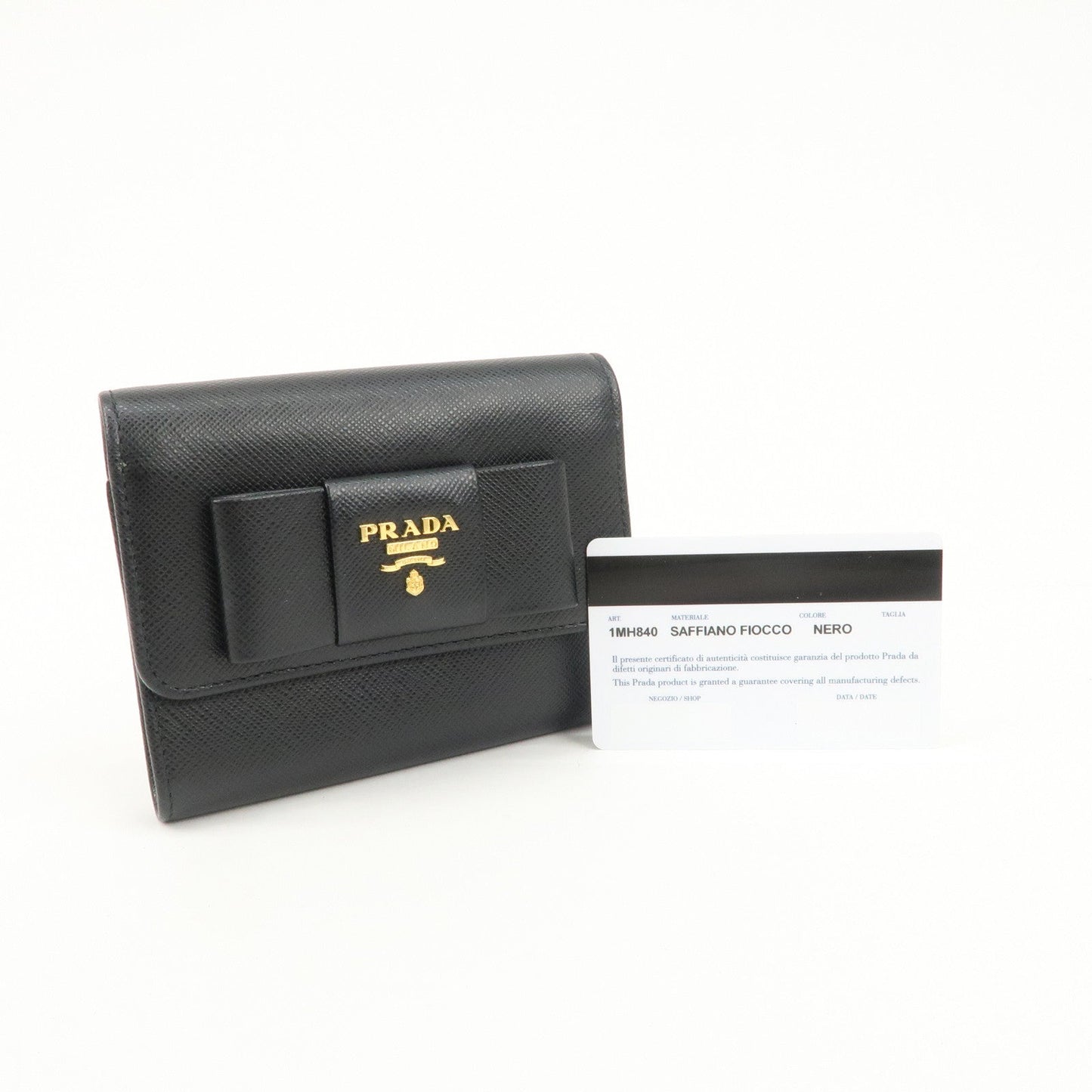 Prada Leather Ribbon Tri-fold Wallet Black 1MH840 Used【Pre-order】