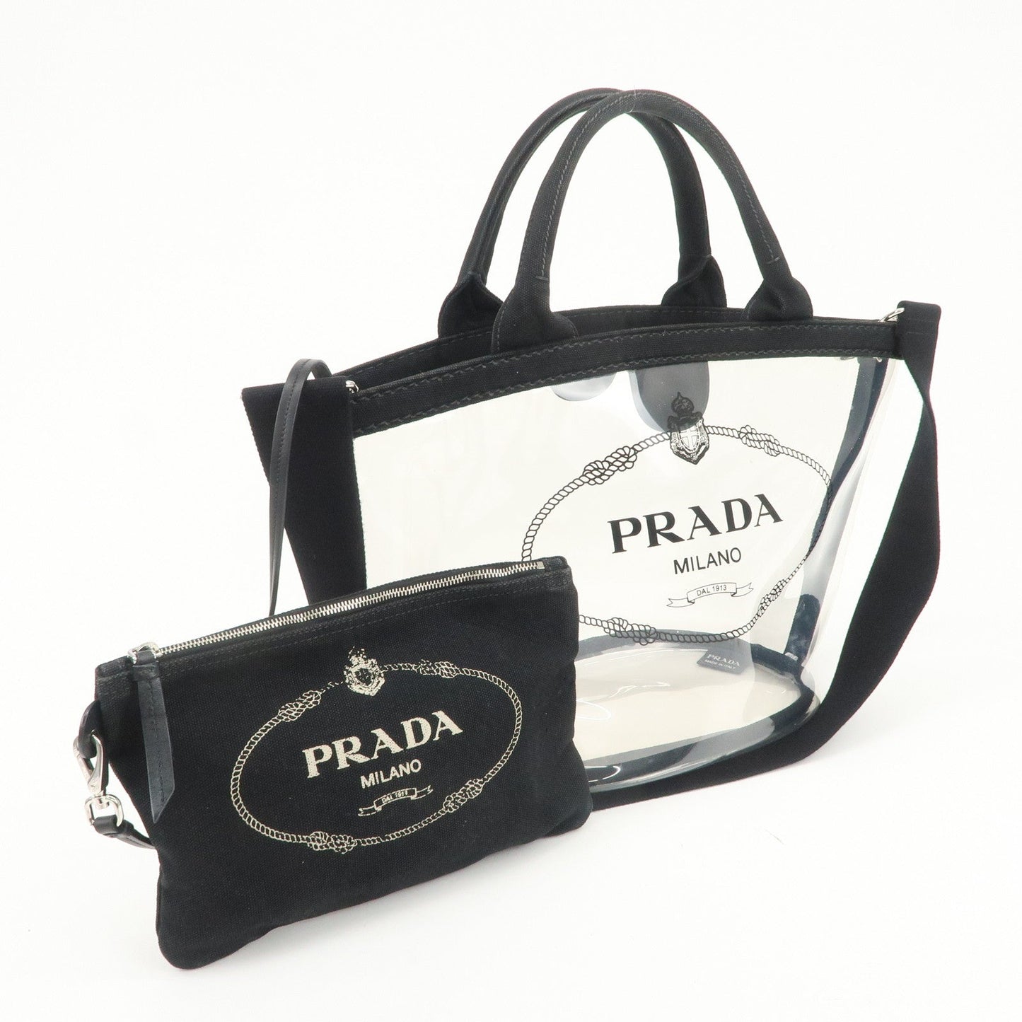 Prada Canvas Vinyl Leather 2Way Hand Bag Clear Black 1BG187【Pre-order】