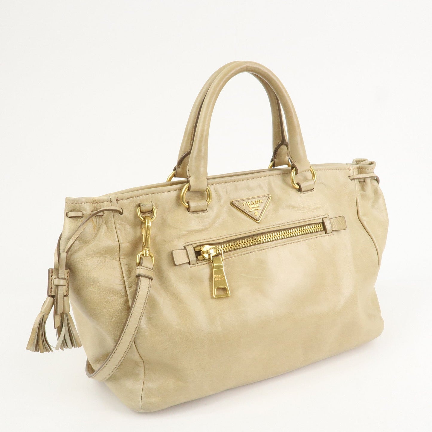 Prada Triangle Logo VITELLOSHINE Leather 2Way Bag Beige BN1921【Pre-order】