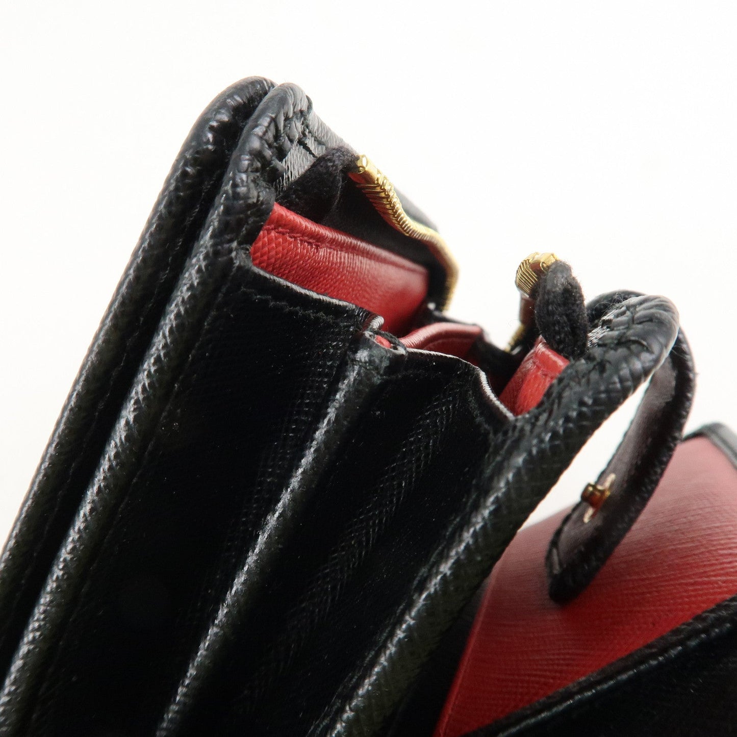Prada Saffiano Leather Bi-Fold Wallet Black Red Gold 1ML018 Used【Pre-order】