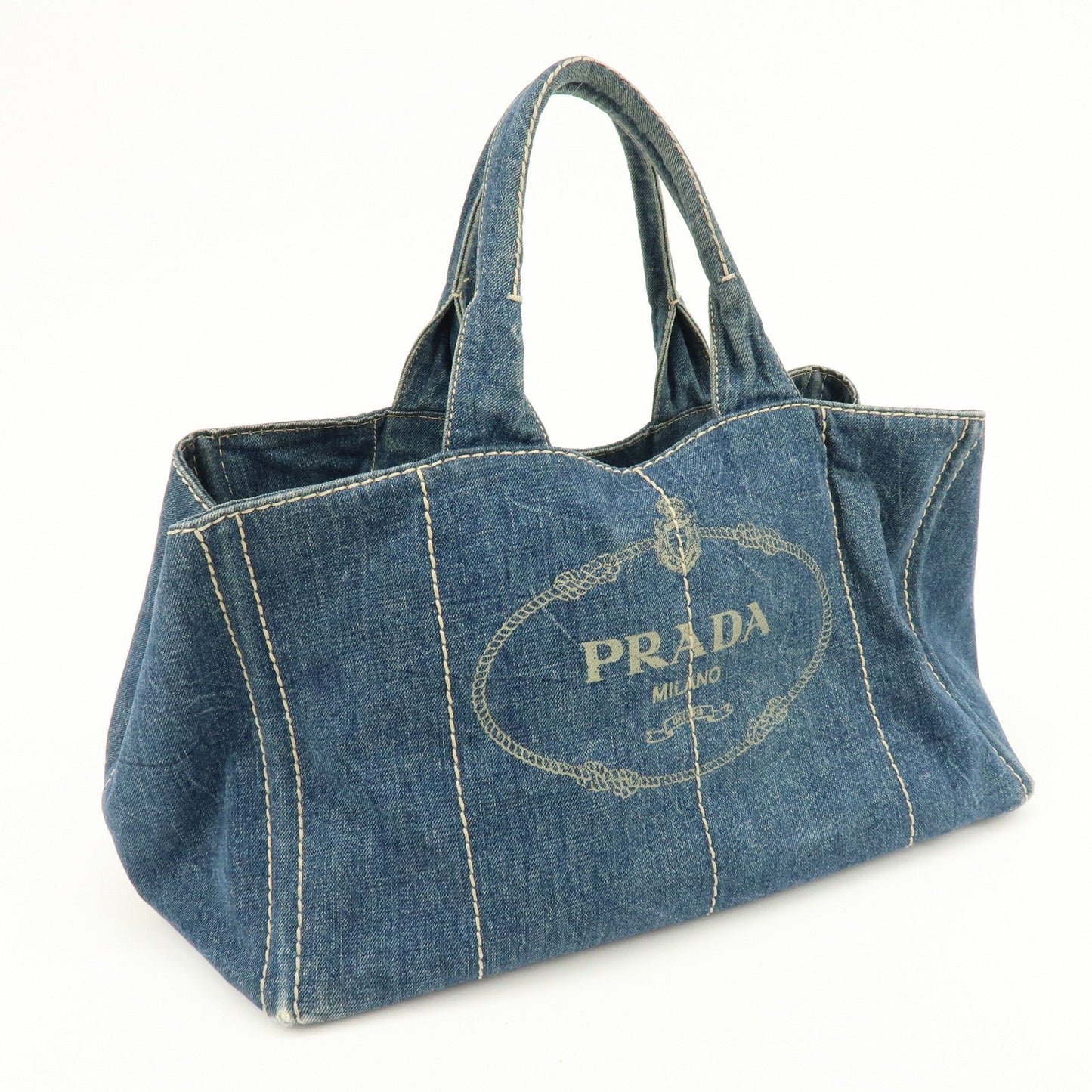 Prada Logo Canapa Canvas Denim Large Tote Hand Bag Blue BN1872【Pre-order】