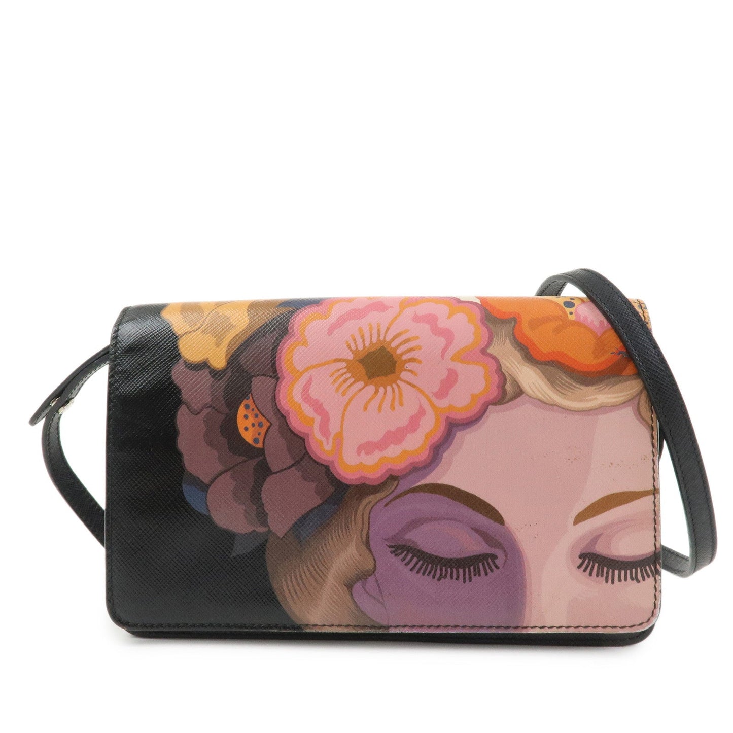 Prada Flower Print Saffiano Leather Shoulder Bag Hand Bag Black【Pre-order】