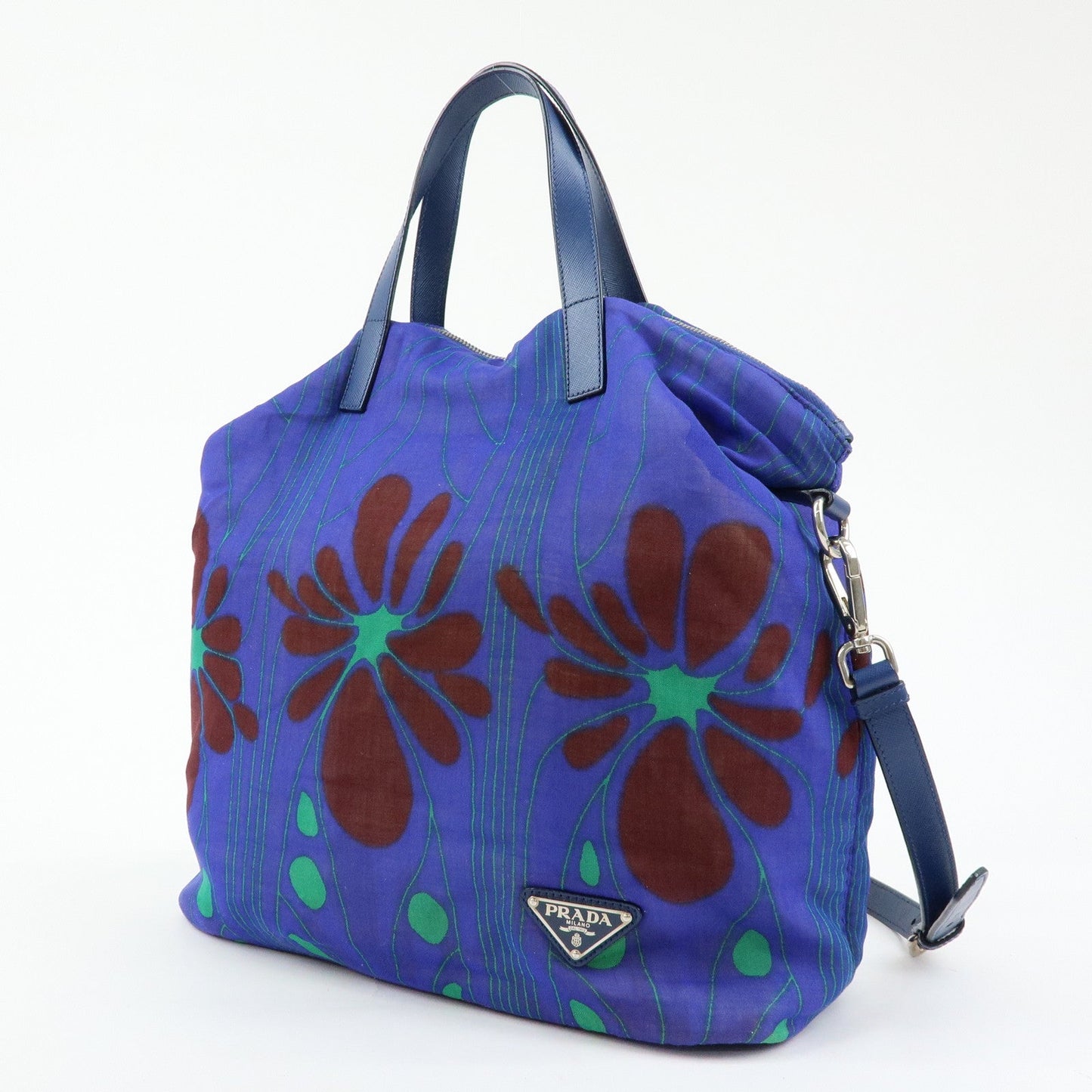 Prada Triangle Logo Linen Leather 2Way Bag Flower Motif Blue BR4696【Pre-order】