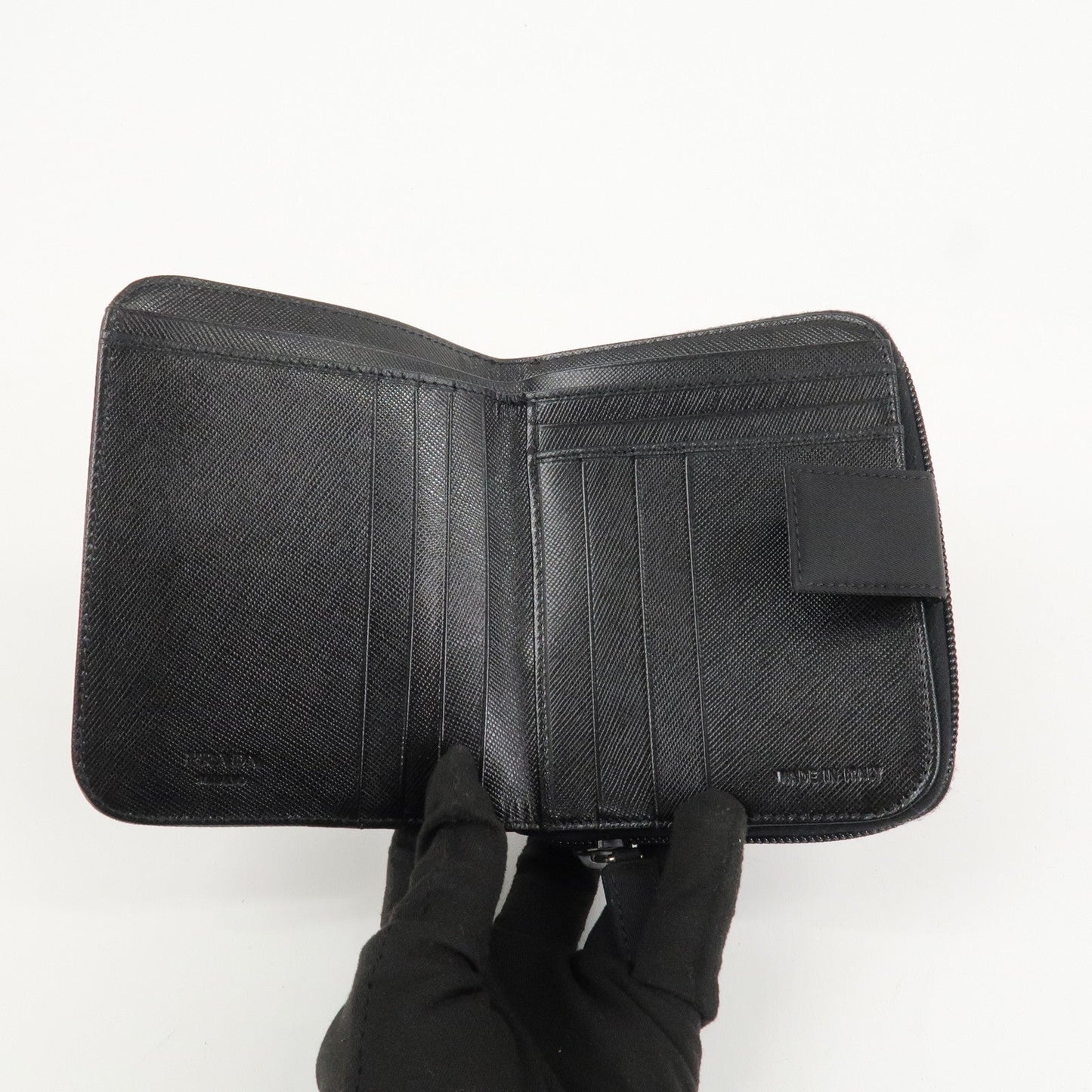 Prada Nylon Saffiano Leather Bi-fold Round zippy Wallet Black Used【Pre-order】