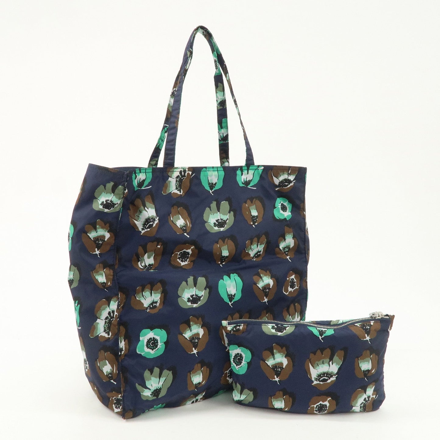 Prada Triangle Logo Nylon Tote Bag w/Pouch Flower Print Navy B4626B Used【Pre-order】