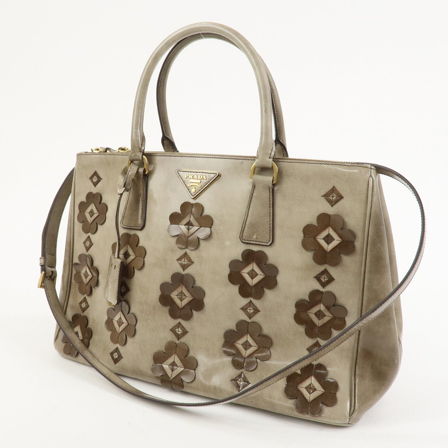 Prada Patent Leather Flower Galleria 2Way Tote Bag Greige BB2274F【Pre-order】