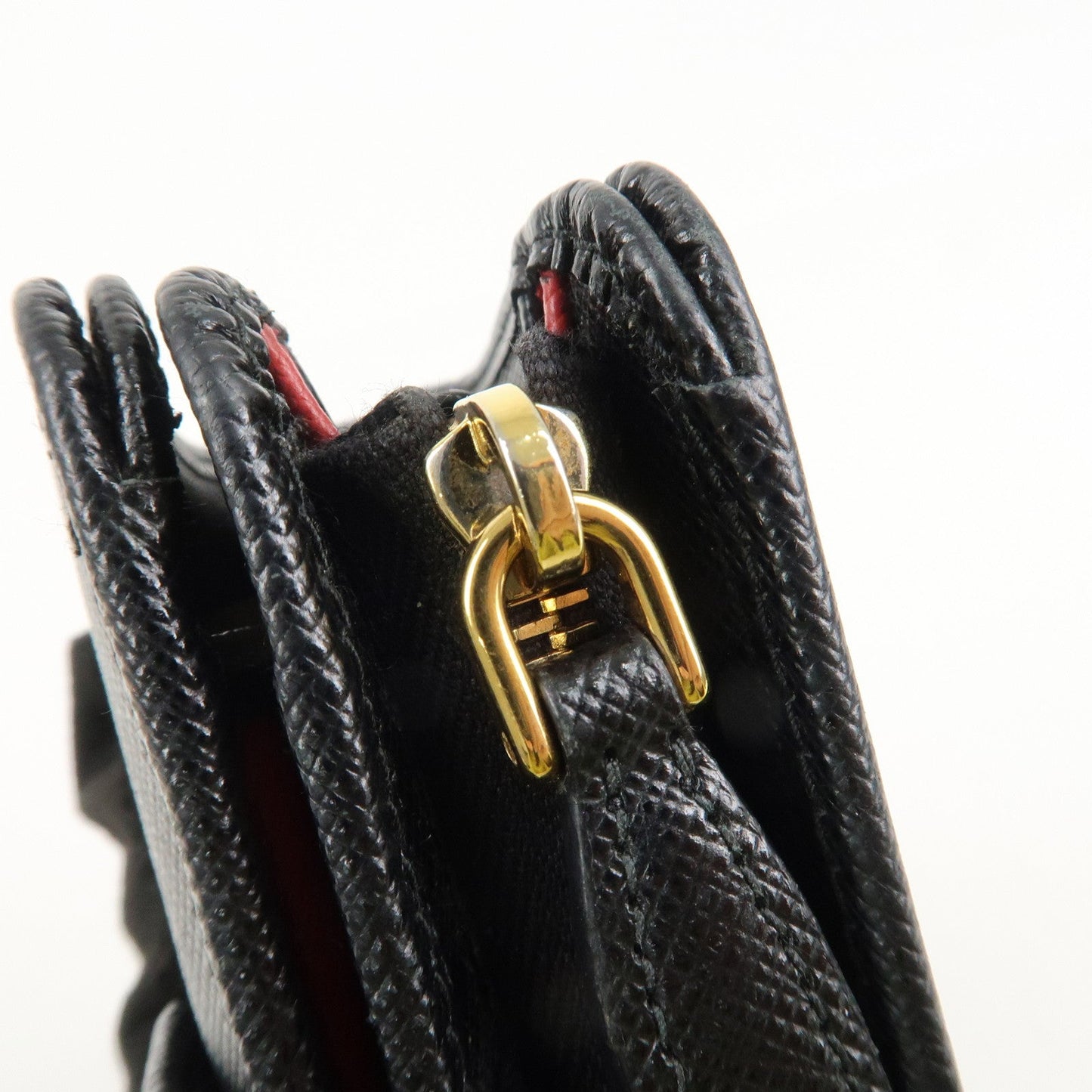 Prada Saffiano Leather Bi-Fold Wallet Black Red Gold 1ML018 Used【Pre-order】