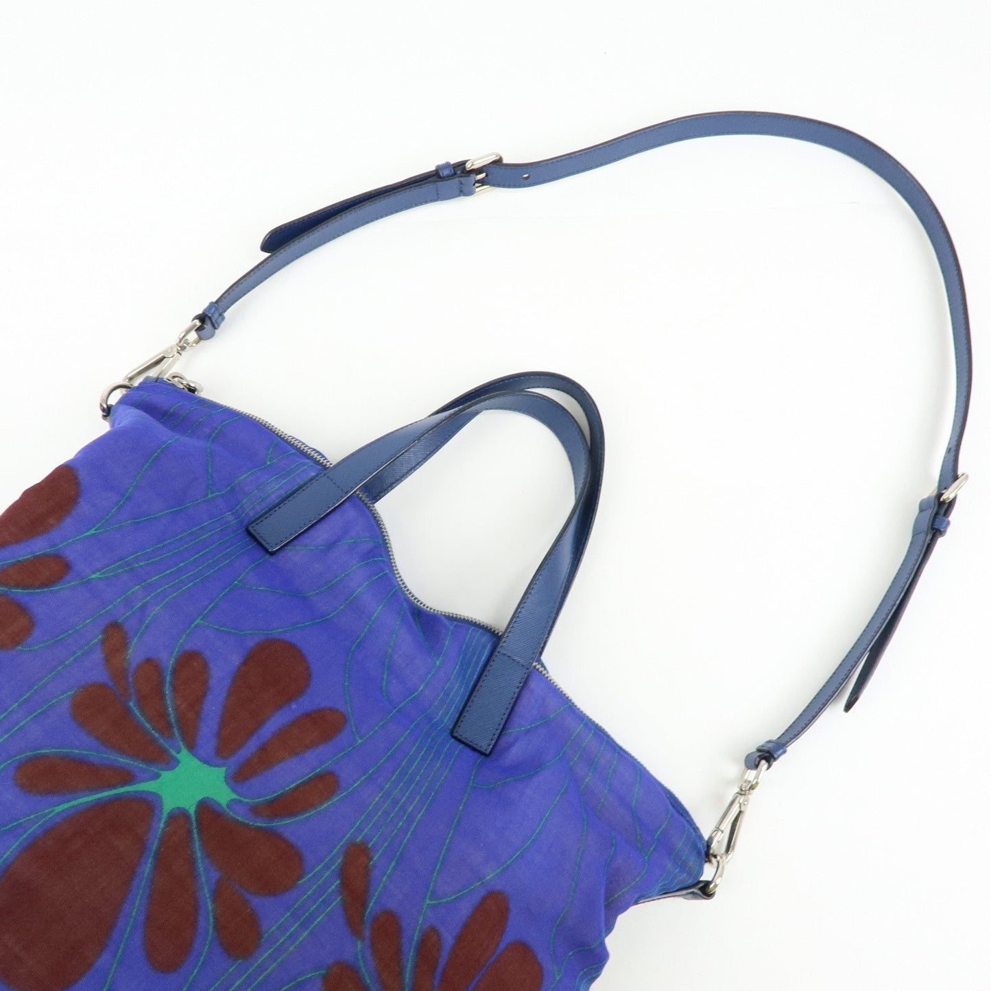 Prada Triangle Logo Linen Leather 2Way Bag Flower Motif Blue BR4696【Pre-order】