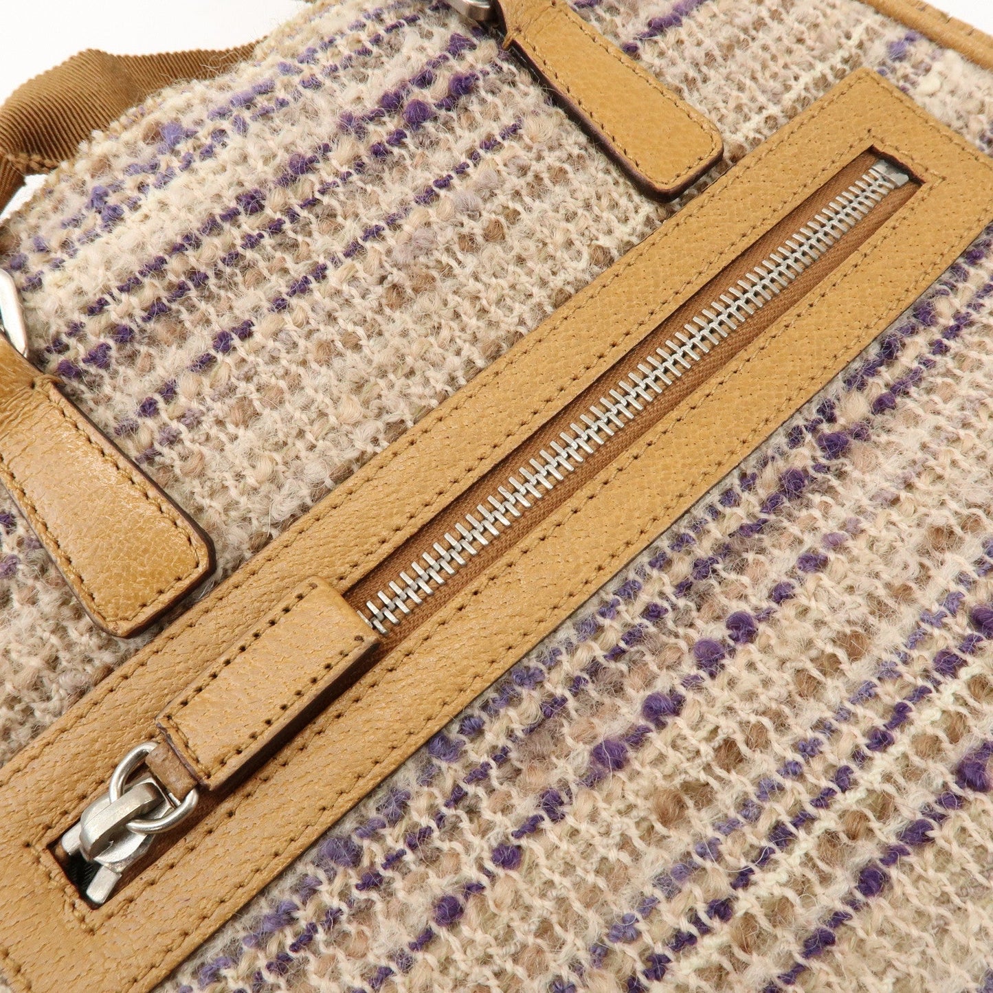 Prada Triangle Logo Tweed Leather Hand Bag Light Brown Multicolor【Pre-order】