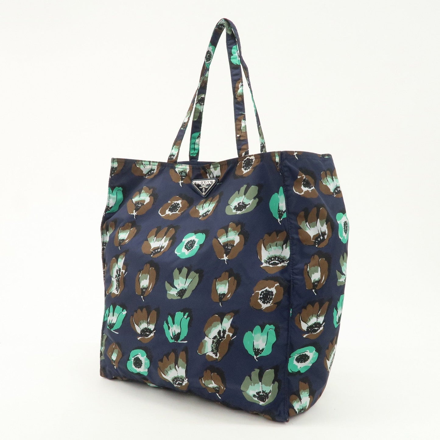 Prada Triangle Logo Nylon Tote Bag w/Pouch Flower Print Navy B4626B Used【Pre-order】