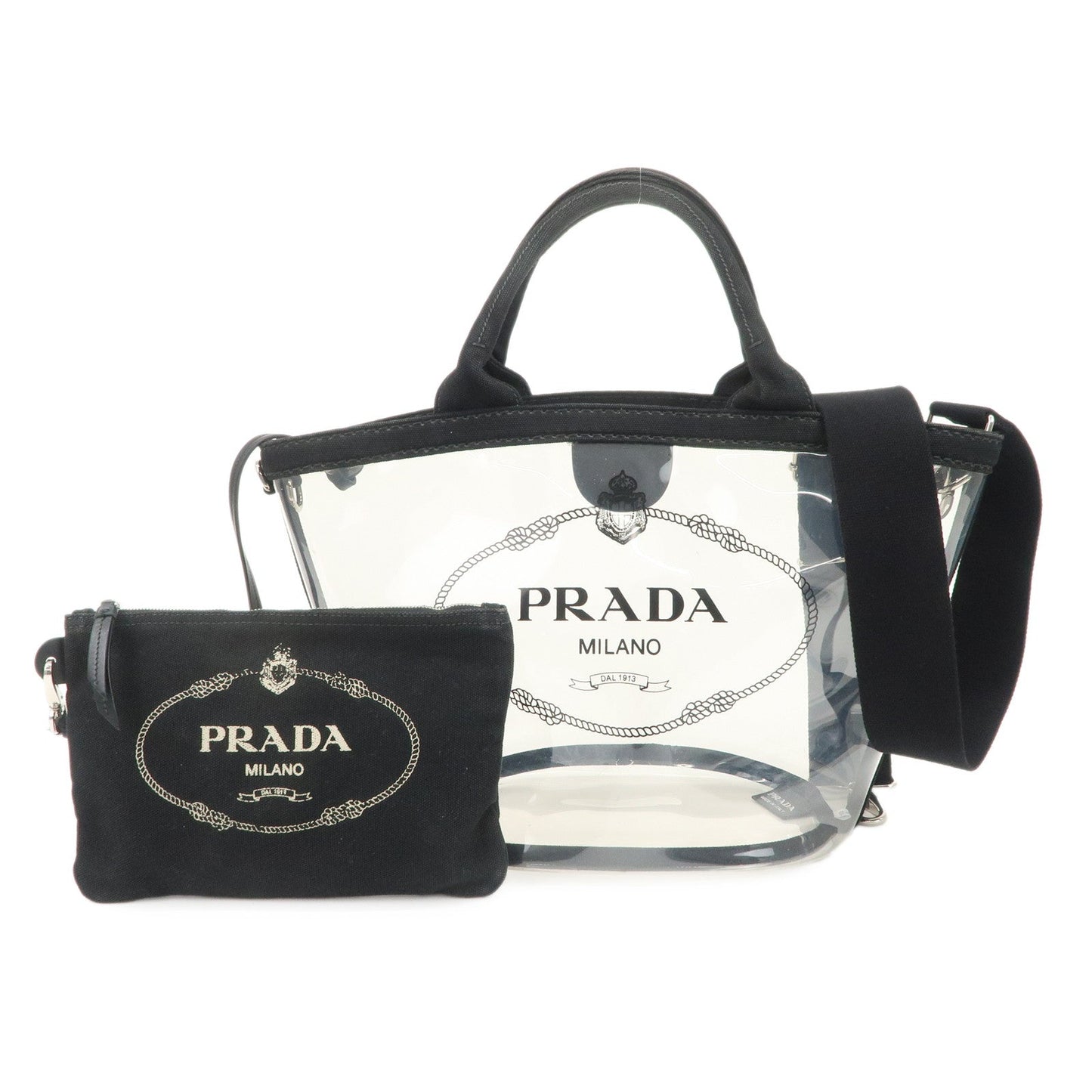 Prada Canvas Vinyl Leather 2Way Hand Bag Clear Black 1BG187【Pre-order】