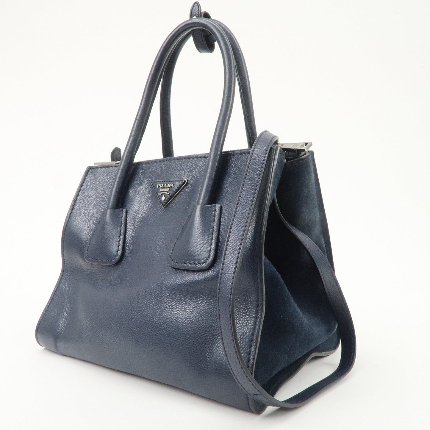 Prada Triangle Logo Leather 2Way Bag Tote Bag Hand Bag Navy B2625M【Pre-order】