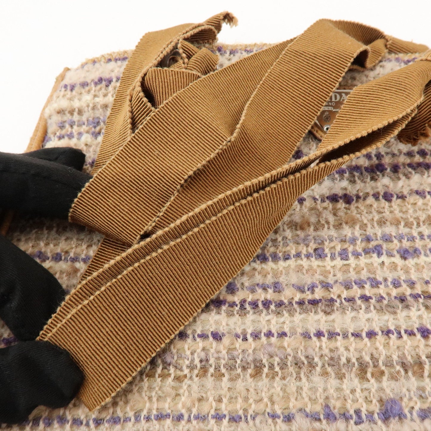 Prada Triangle Logo Tweed Leather Hand Bag Light Brown Multicolor【Pre-order】