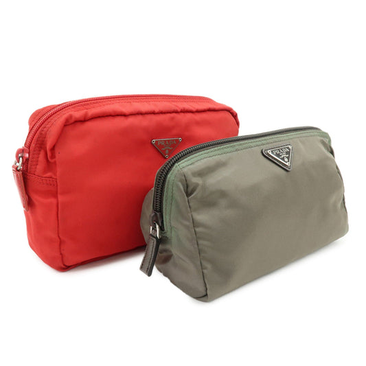 Prada Triangle Logo Set of 2 Nylon Pouch Cosmetic Pouch Red Khaki【Pre-order】