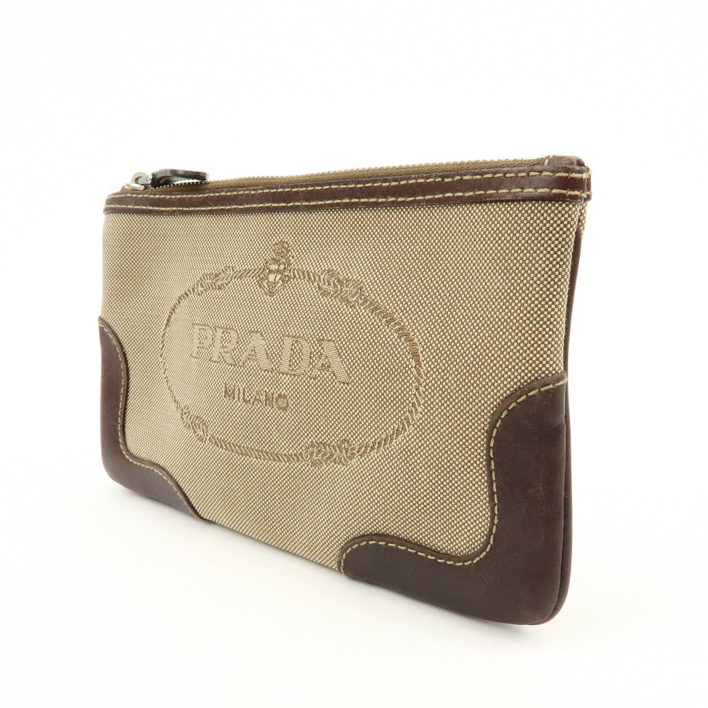 Prada Logo Jacquard Leather Pouch Cosmetic Case Beige Brown【Pre-order】