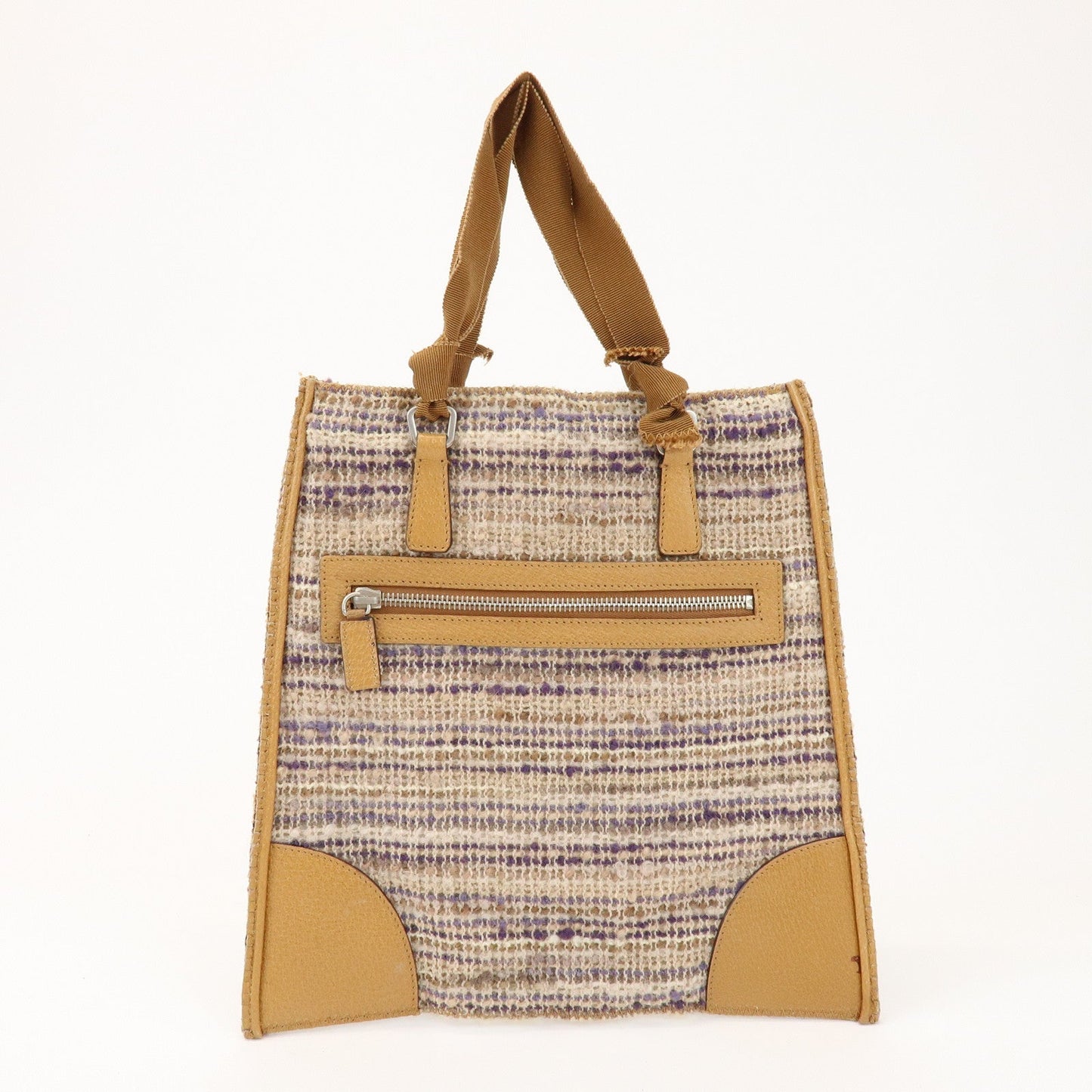 Prada Triangle Logo Tweed Leather Hand Bag Light Brown Multicolor【Pre-order】
