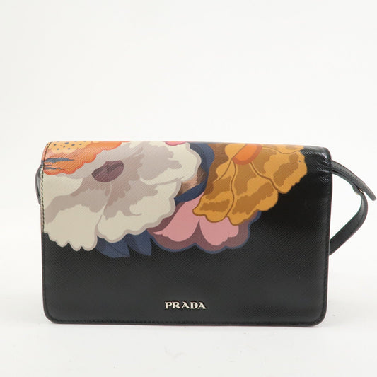 Prada Flower Print Saffiano Leather Shoulder Bag Hand Bag Black【Pre-order】