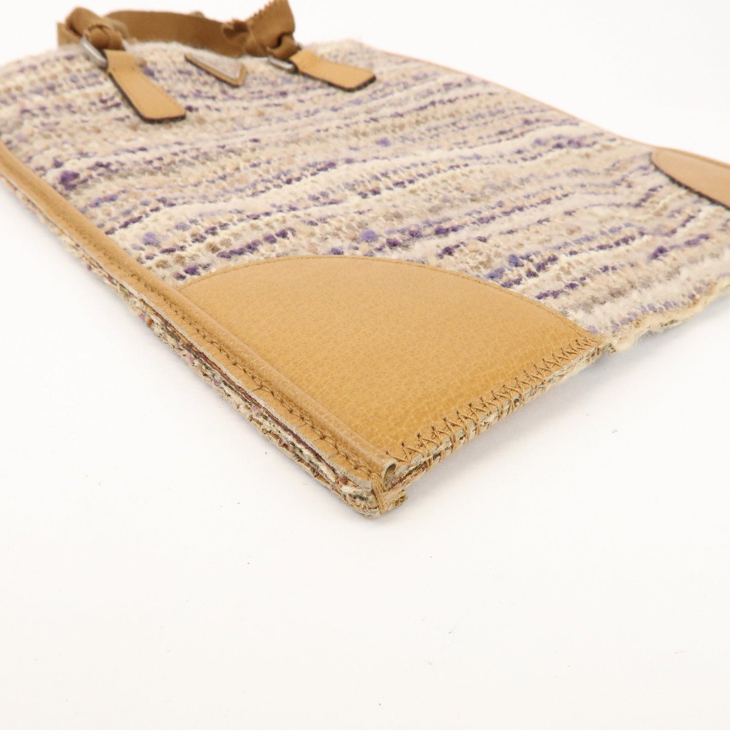 Prada Triangle Logo Tweed Leather Hand Bag Light Brown Multicolor【Pre-order】