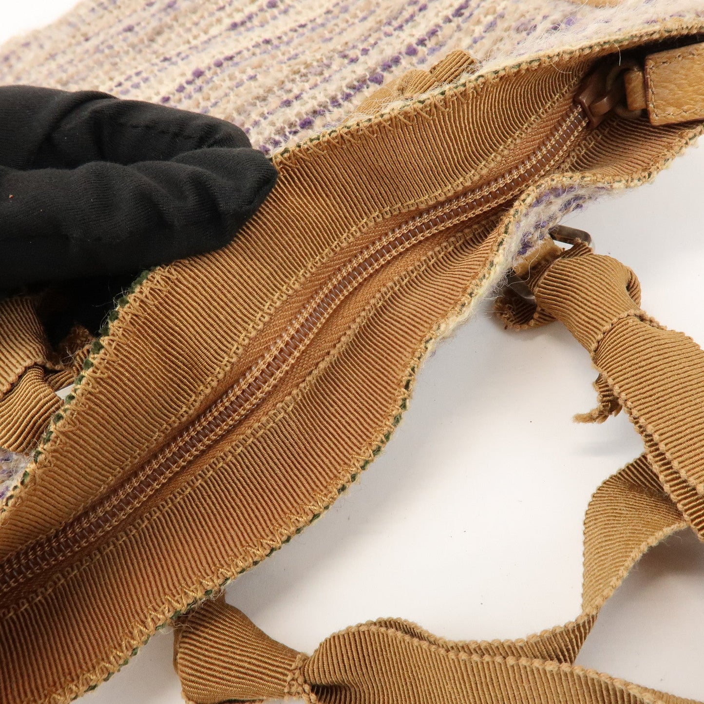 Prada Triangle Logo Tweed Leather Hand Bag Light Brown Multicolor【Pre-order】