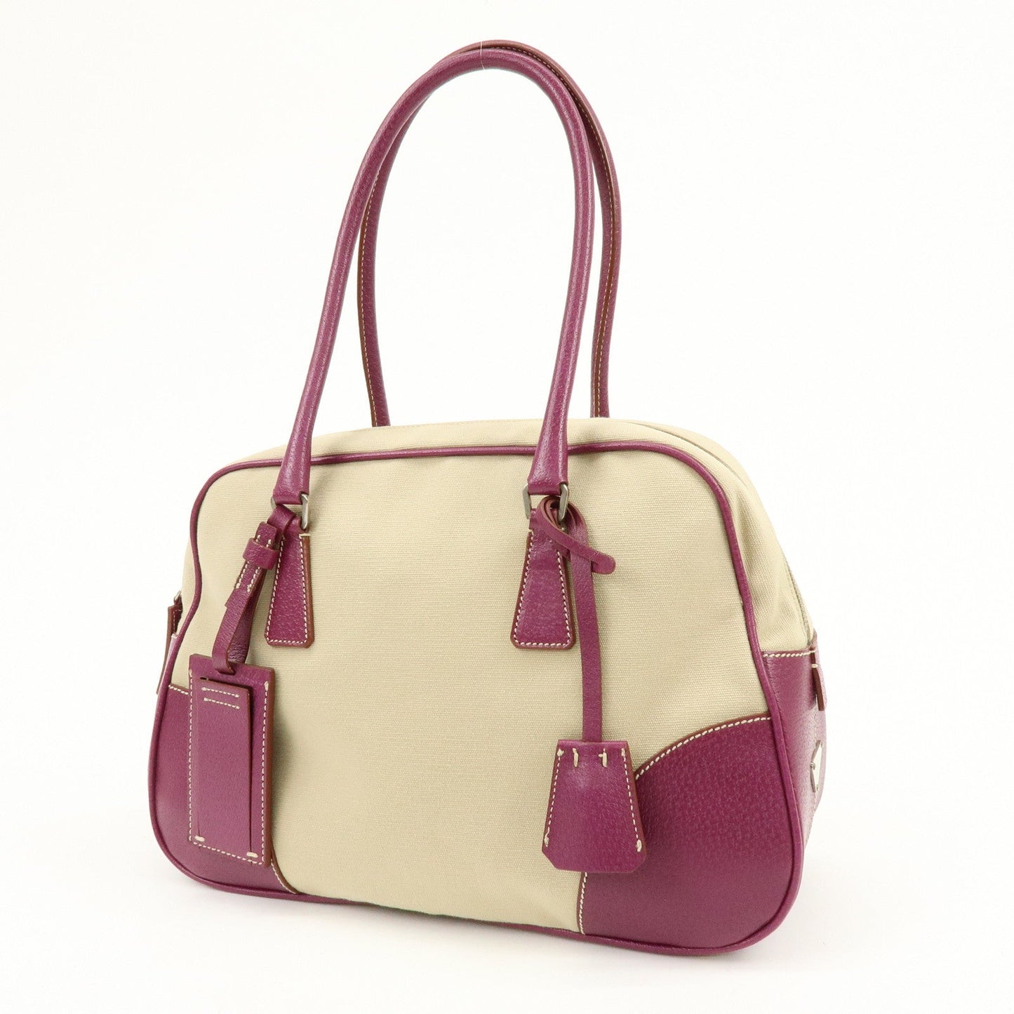 Prada Triangle Logo Canvas Leather Bowling Bag Natural Purple【Pre-order】
